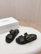 PRA CROCODILE MOTIF SLIDES SANDALS BLACK CALFSKIN