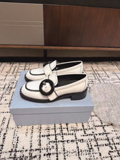 PRADA 26S BUCKLED LOAFERS IN WHITE CALFSKIN
