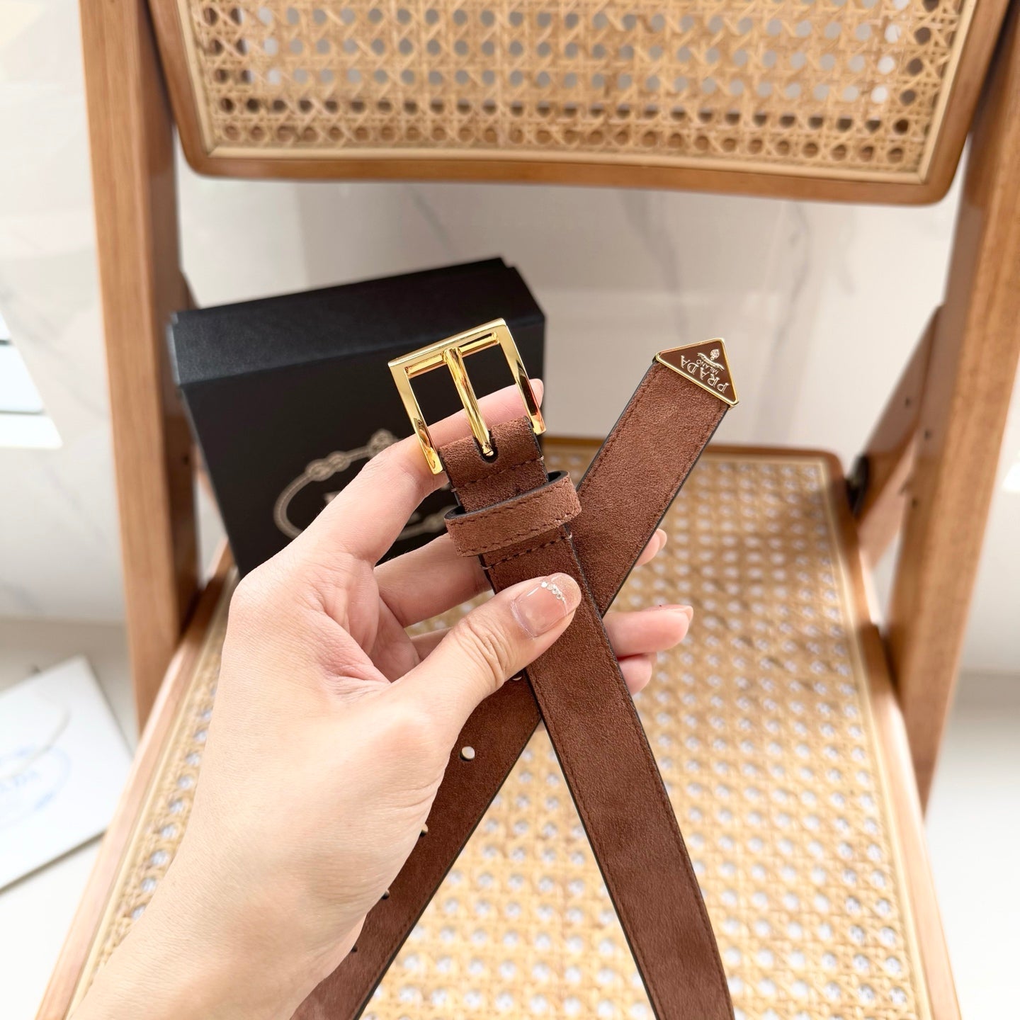 PRADA 25S BELT 25 MM IN BROWN SUEDE 542643