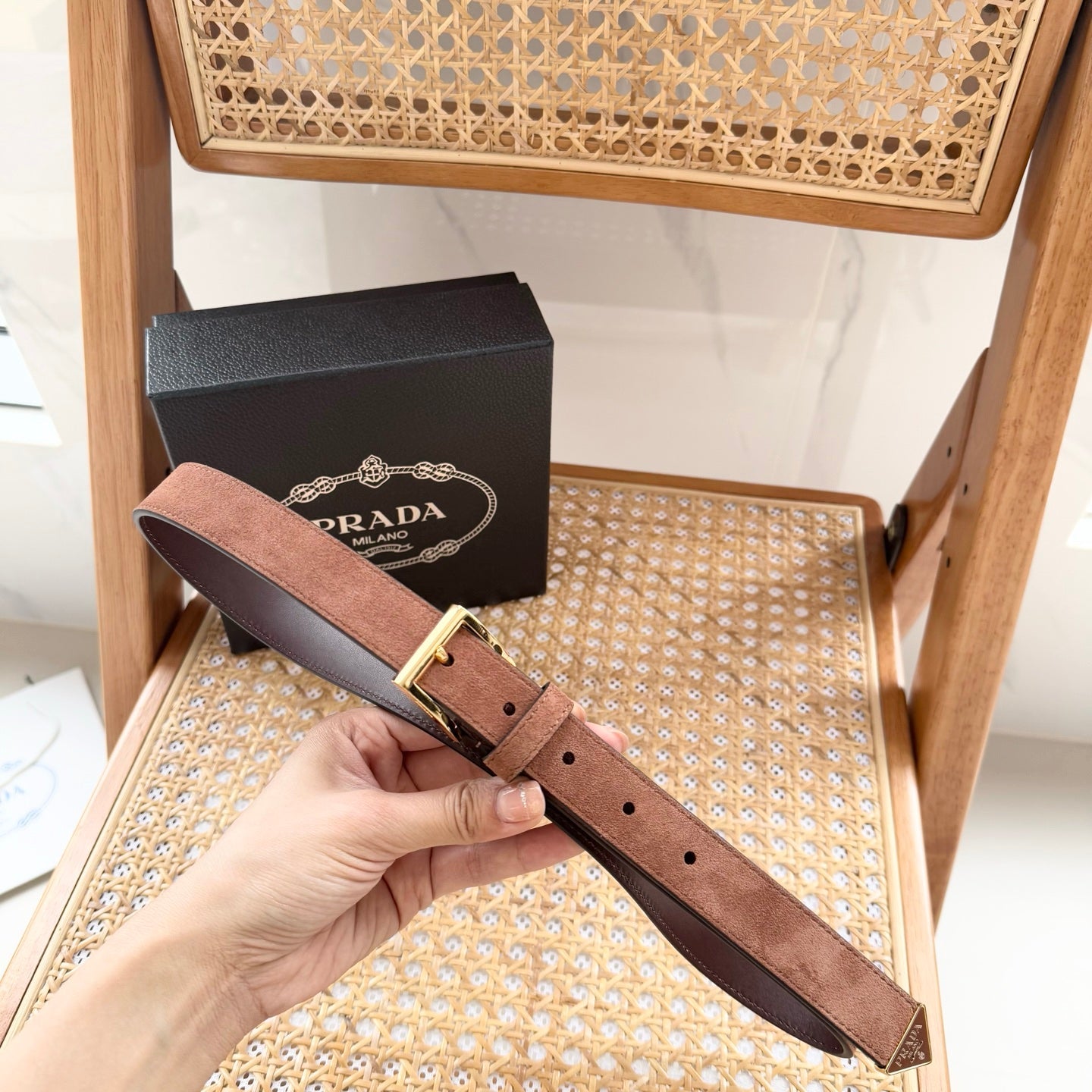 PRADA 25S BELT 25 MM IN BROWN SUEDE 542643