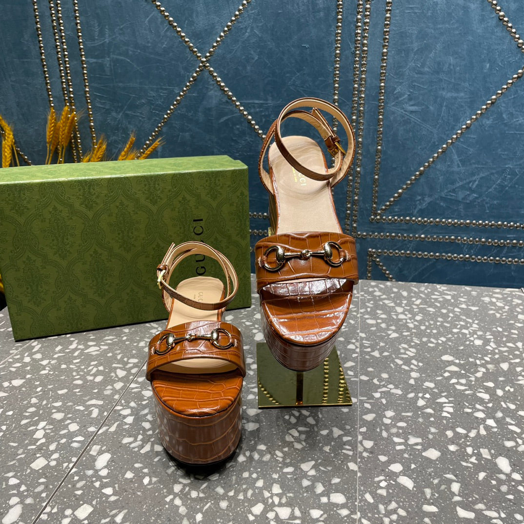 GG  HORSEBIT FLATFORM SANDAL CARAMEL CALFSKIN