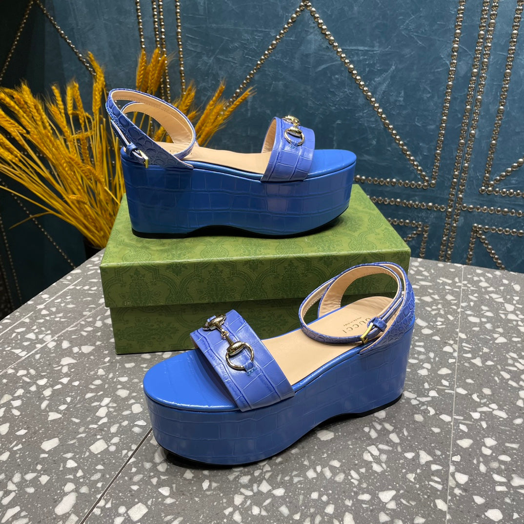 GG  HORSEBIT FLATFORM SANDAL COBALT CALFSKIN