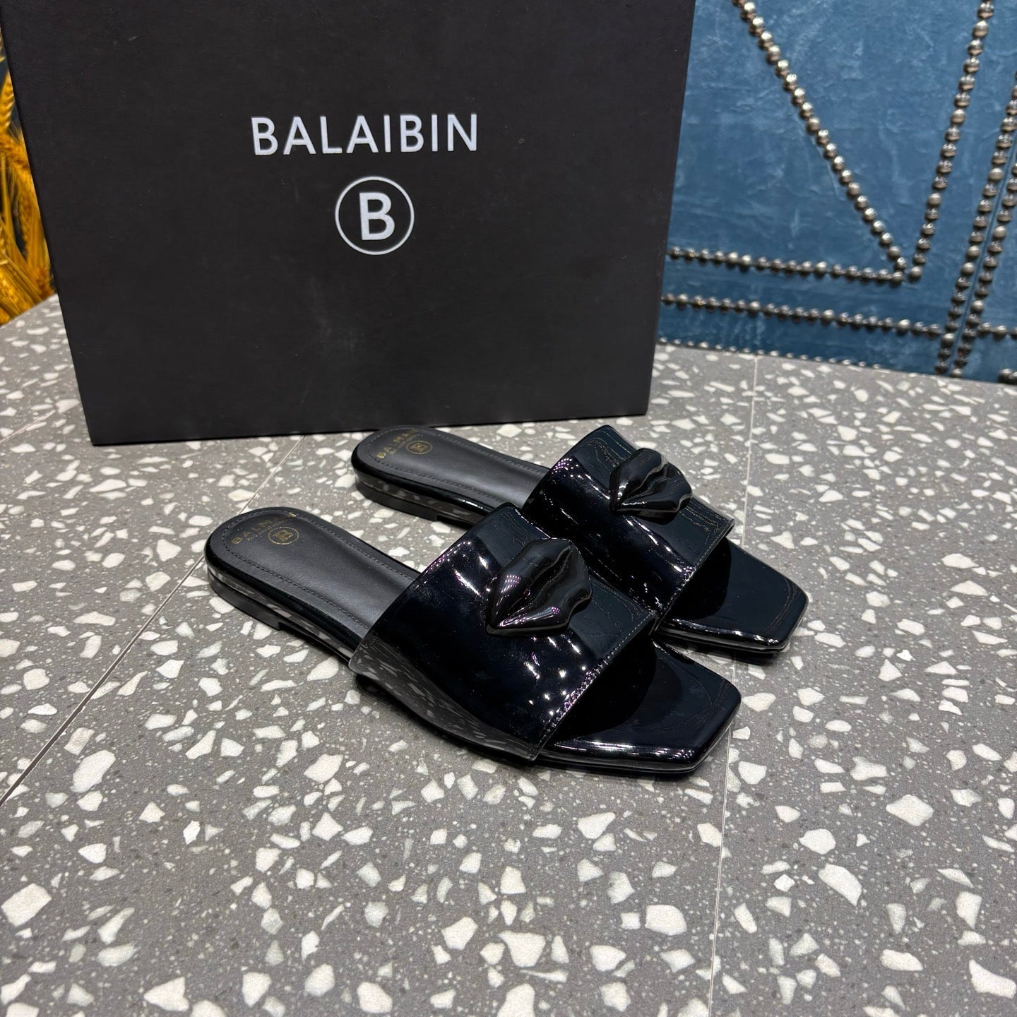 BALMAIN 26S SLIPPERS IN BLACK GLOSSY CALFSKIN