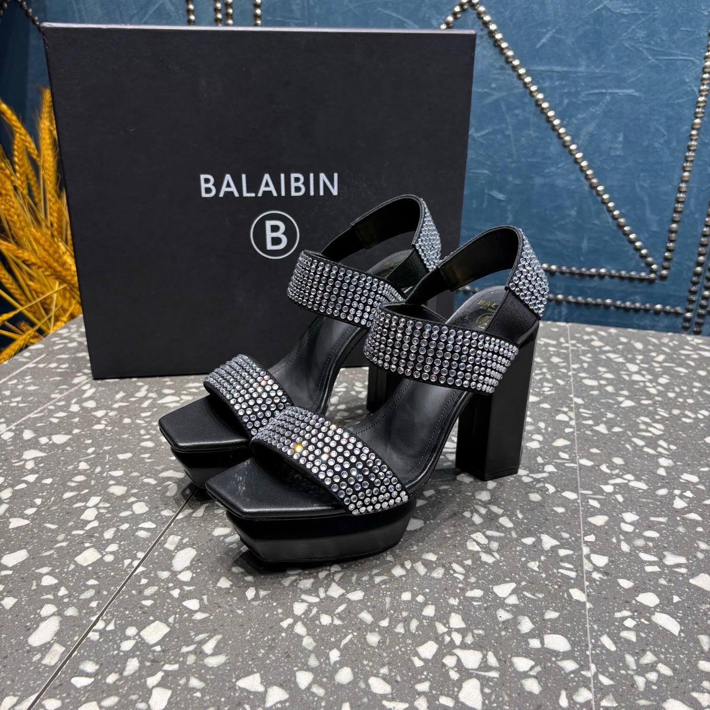 BALMAIN 26S HIGH-HEELED SANDALS 105 MM IN BLACK CALFSKIN WITH SILVER STONE EMBELLISHED