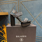 BALMAIN 26S HIGH-HEELED SANDALS 105 MM IN BLACK CALFSKIN WITH SILVER STONE EMBELLISHED