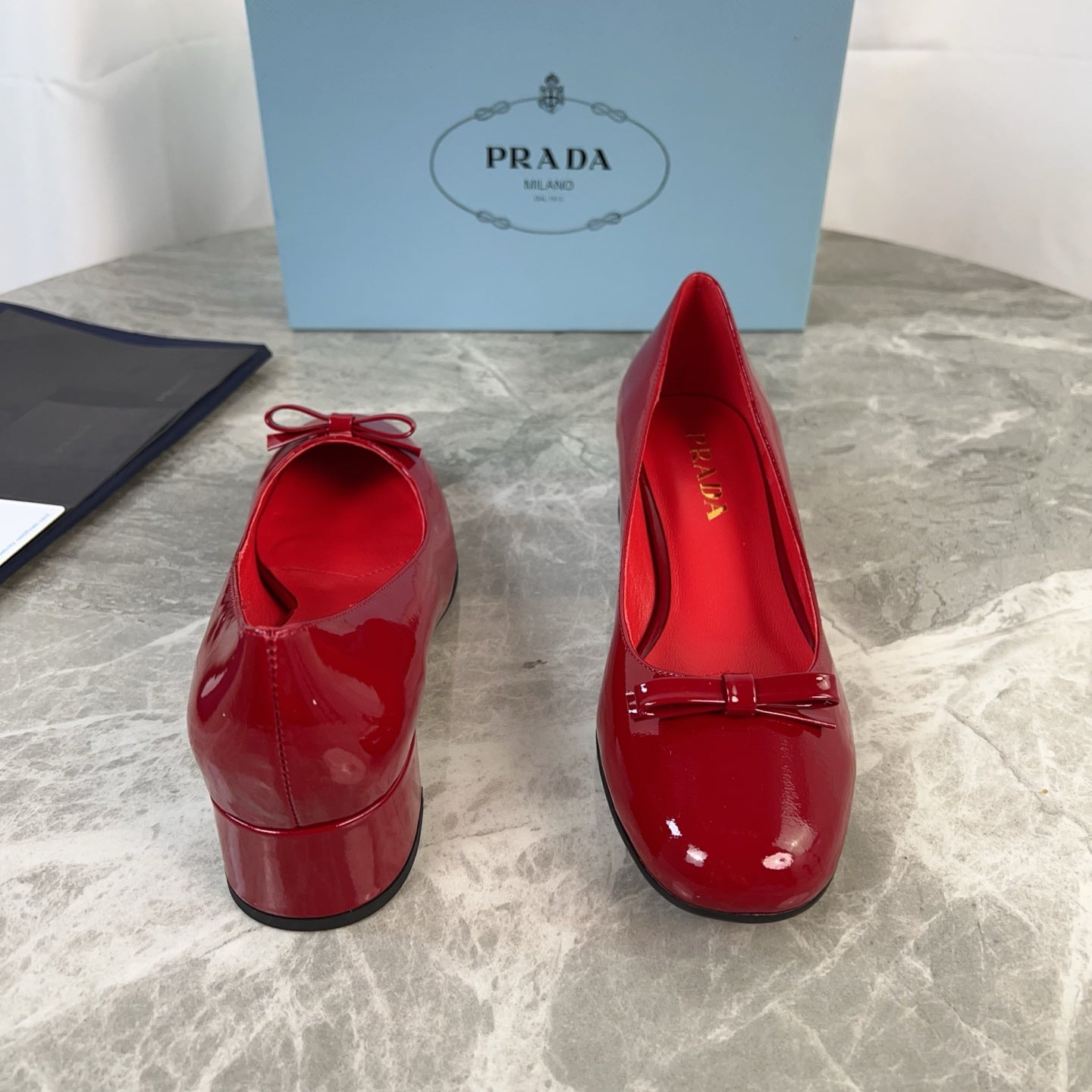 PRADA 25S LOW HEELS SLIP ON BOW 45MM IN DARK WINE RED GLOSSY CALFSKIN