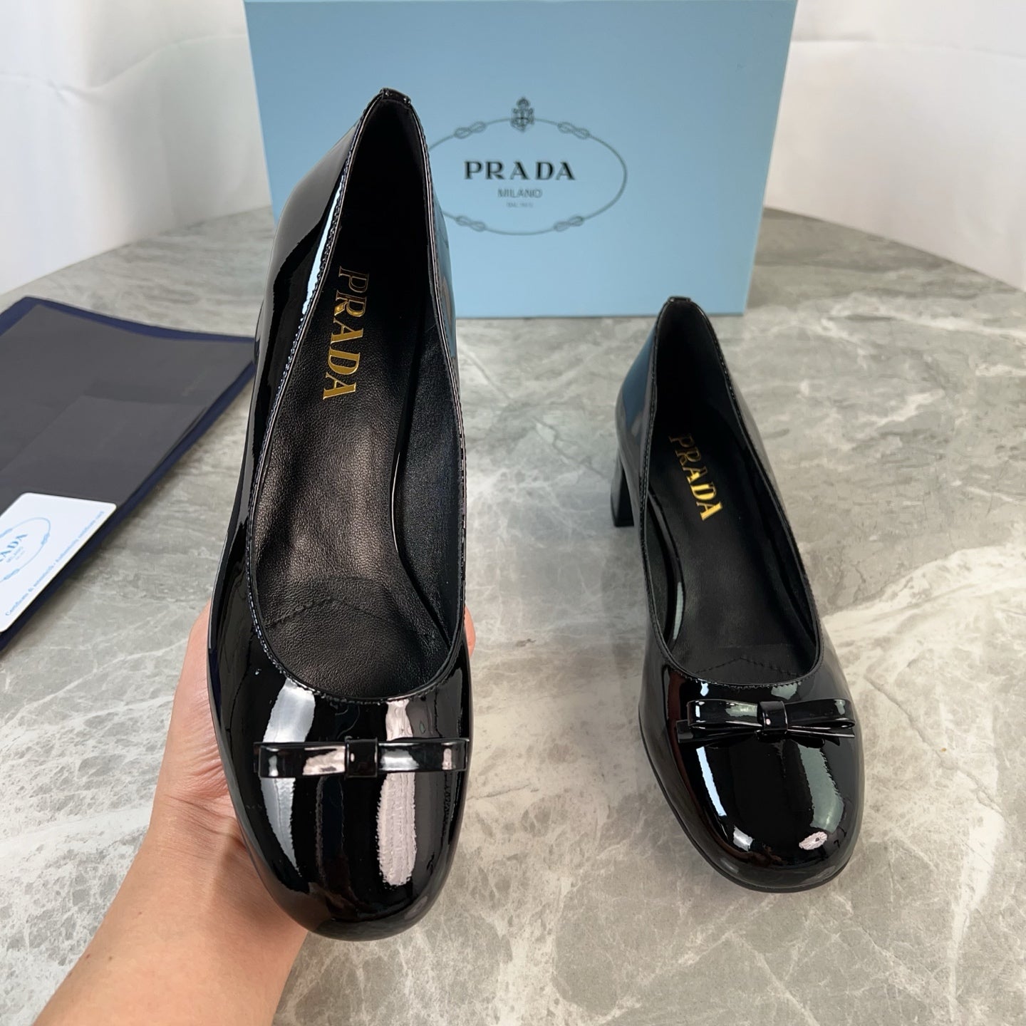 PRADA 25S LOW HEELS SLIP ON BOW 45MM IN BLACK GLOSSY CALFSKIN