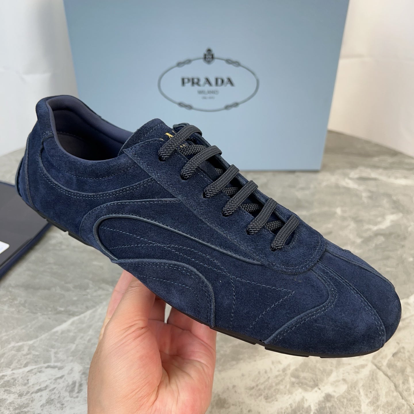 PRADA 25S MONTECARLO ANTIQUED SNEAKERS IN NAVY BLUE SUEDE