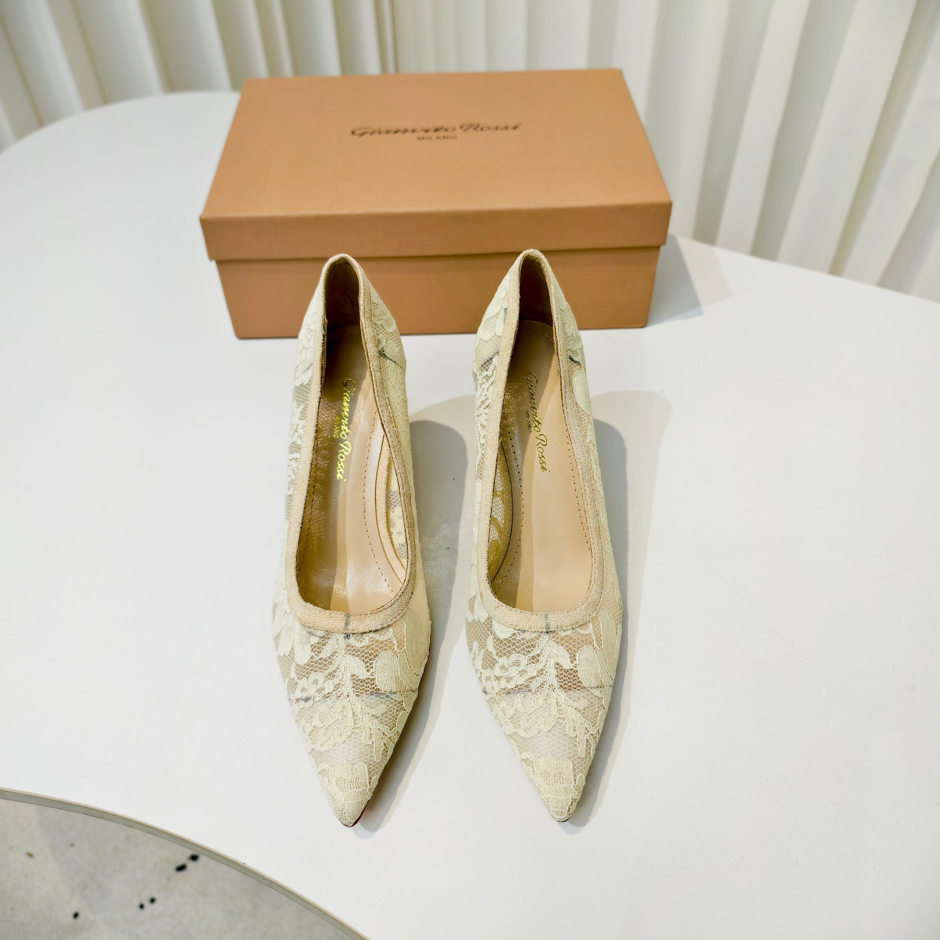 GIANVITO ROSSI 26S HIGH HEELS 85 MM IN BEIGE LACE FABRIC