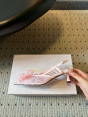 JIMMY CHOO 26S HEELED SLINGSBACKS 50 MM IN BALLET PINK LACE AND CALFSKIN