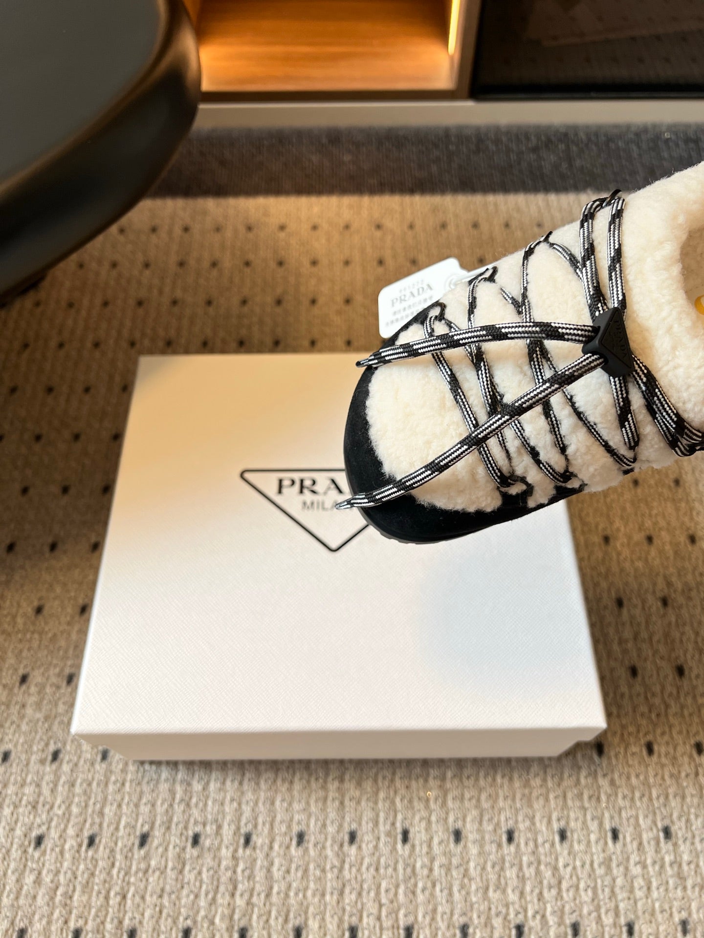 PRADA 26S WOVEN MULES IN IVORY WOOL AND BLACK SUEDE