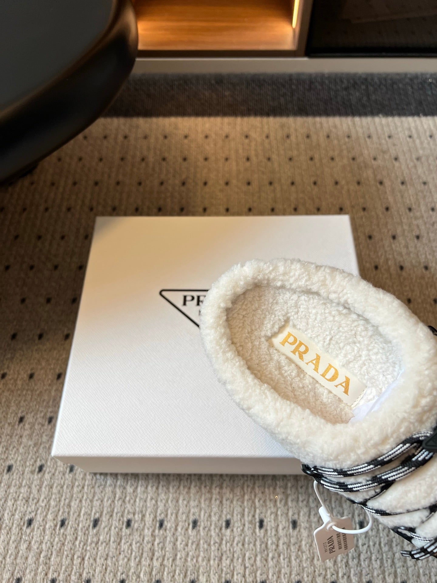 PRADA 26S WOVEN MULES IN IVORY WOOL AND BLACK SUEDE