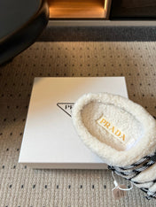 PRADA 26S WOVEN MULES IN IVORY WOOL AND BLACK SUEDE