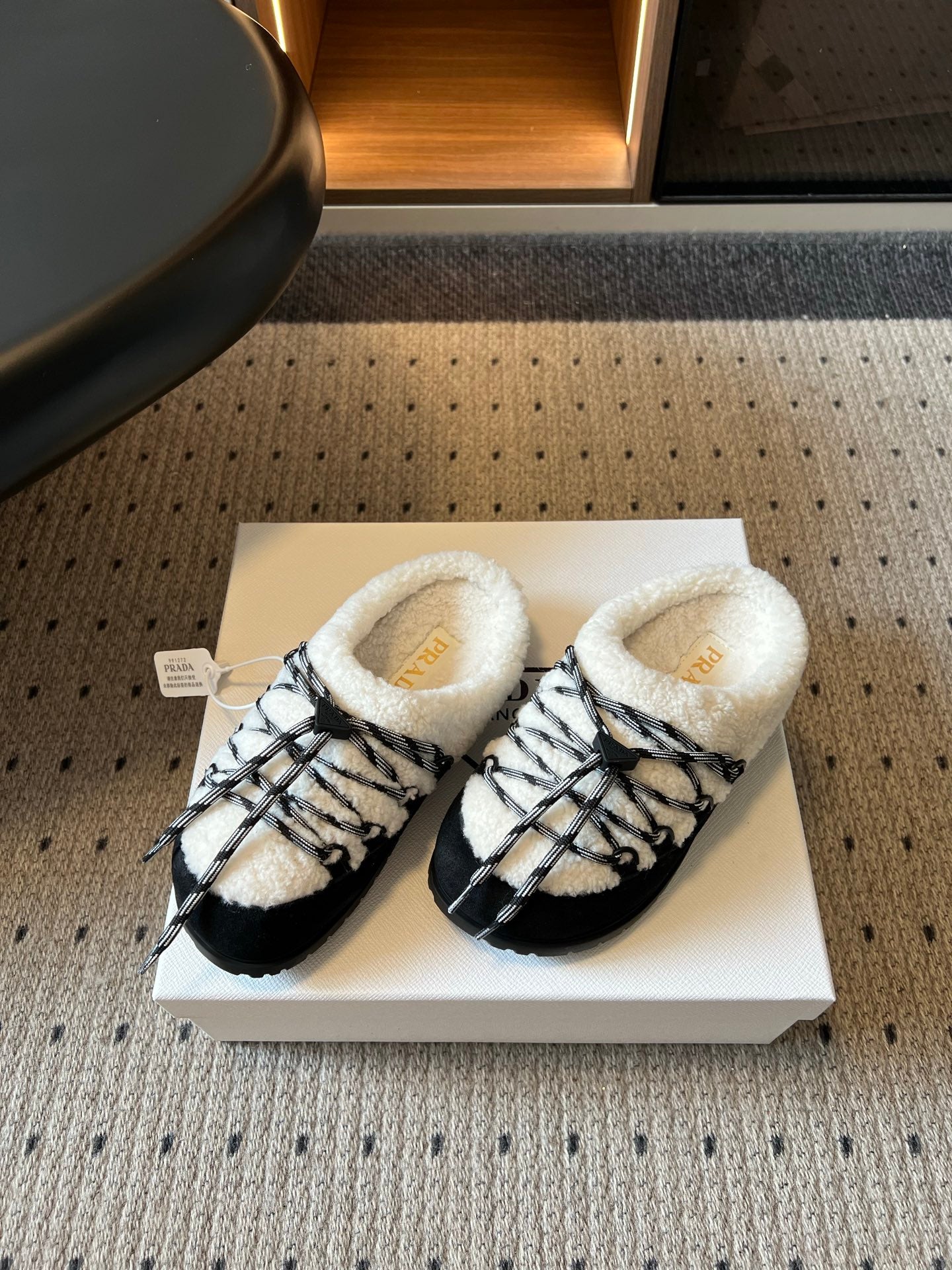 PRADA 26S WOVEN MULES IN IVORY WOOL AND BLACK SUEDE