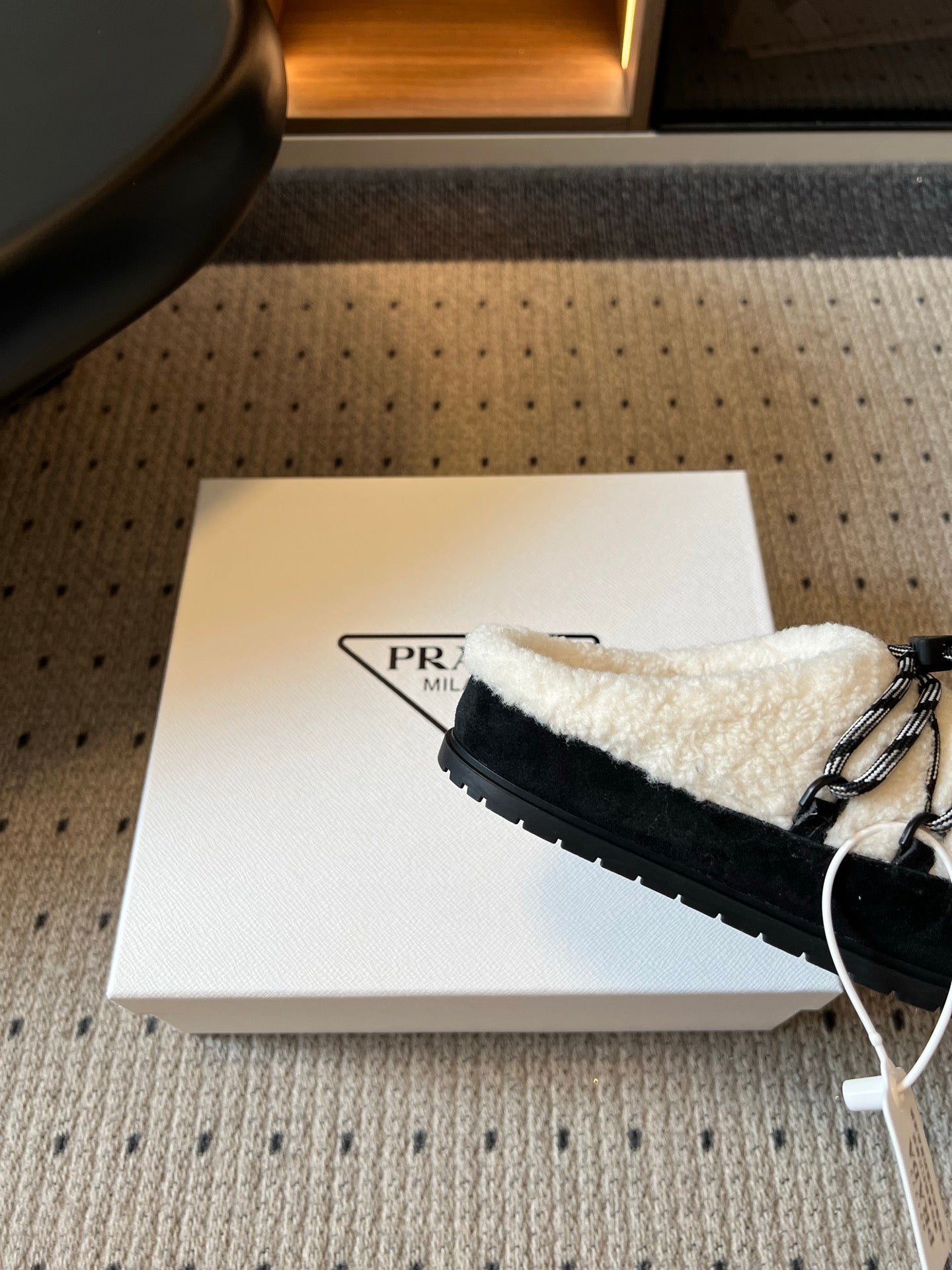 PRADA 26S WOVEN MULES IN IVORY WOOL AND BLACK SUEDE