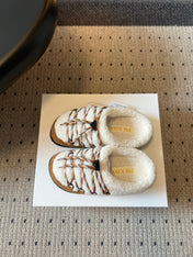 PRADA 26S WOVEN MULES IN IVORY WOOL AND BROWN SUEDE
