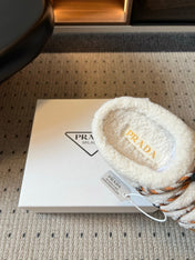 PRADA 26S WOVEN MULES IN IVORY WOOL AND BROWN SUEDE