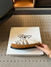 PRADA 26S WOVEN MULES IN IVORY WOOL AND BROWN SUEDE