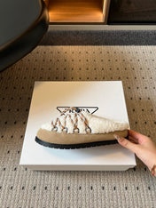 PRADA 26S WOVEN MULES IN IVORY WOOL AND BEIGE SUEDE