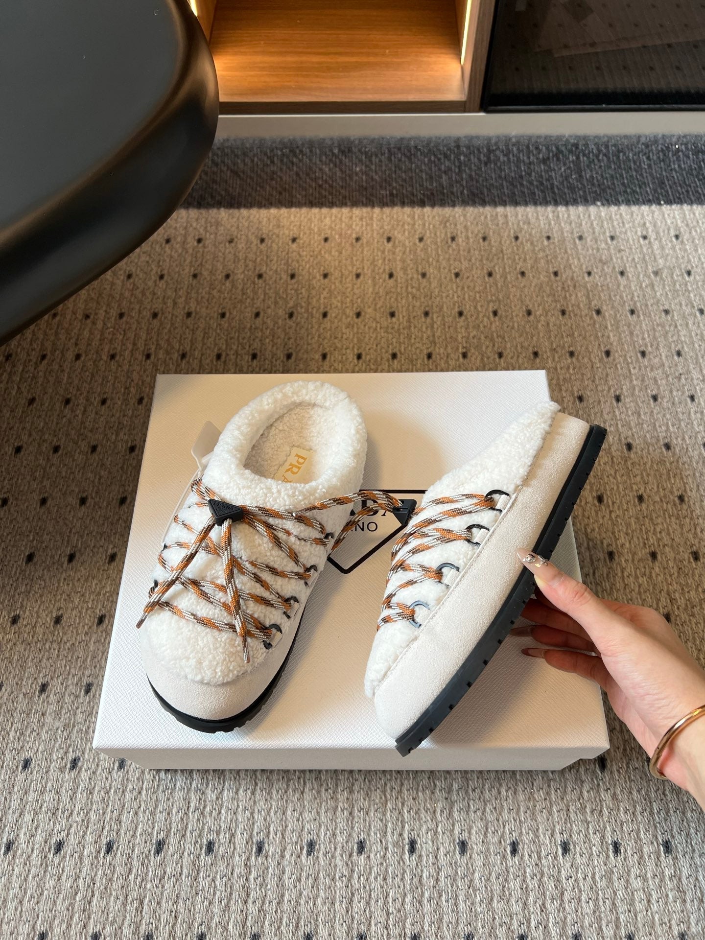 PRADA 26S WOVEN MULES IN IVORY SUEDE AND WOOL