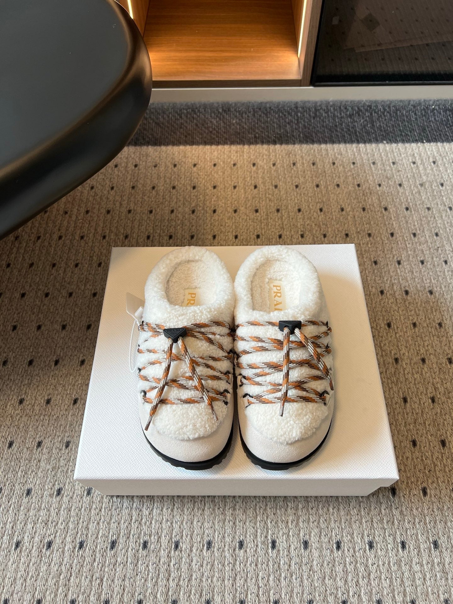 PRADA 26S WOVEN MULES IN IVORY SUEDE AND WOOL