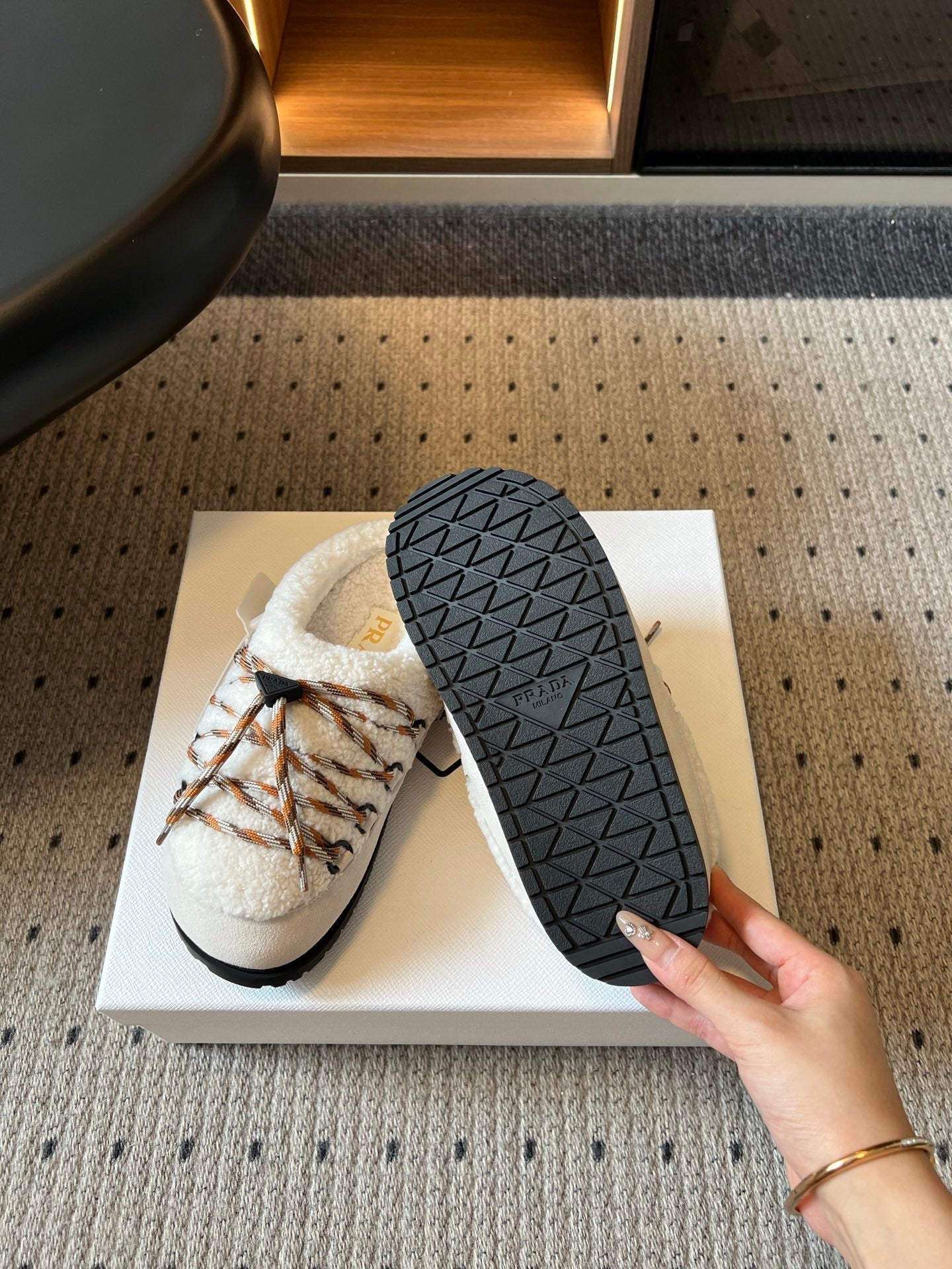 PRADA 26S WOVEN MULES IN IVORY SUEDE AND WOOL