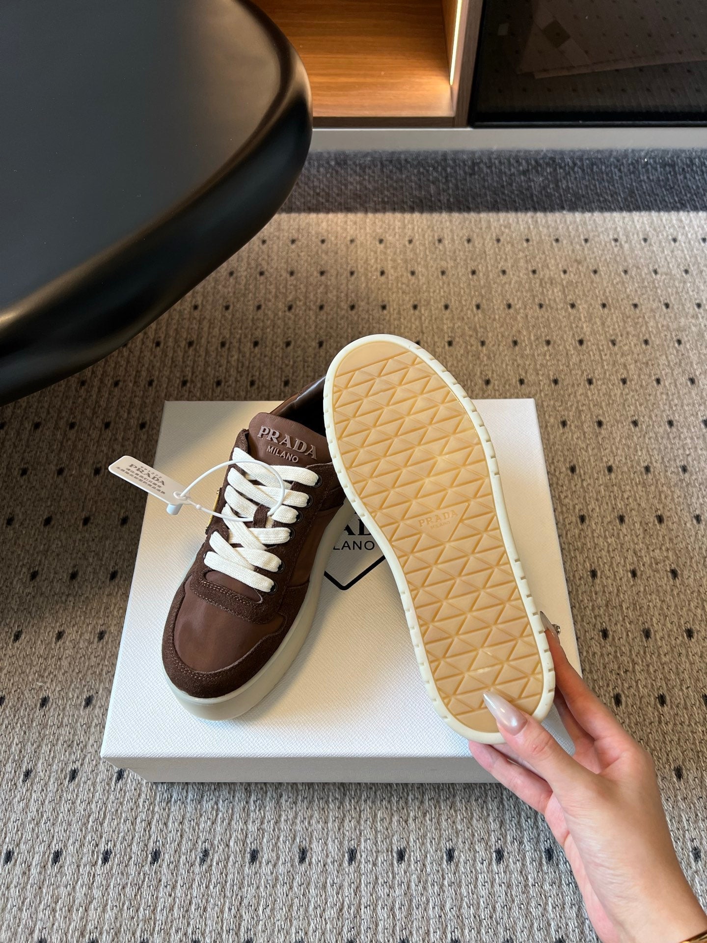 PRADA 26S PLATFORM SNEAKERS IN DARK BROWN FABRIC MIX SUEDE