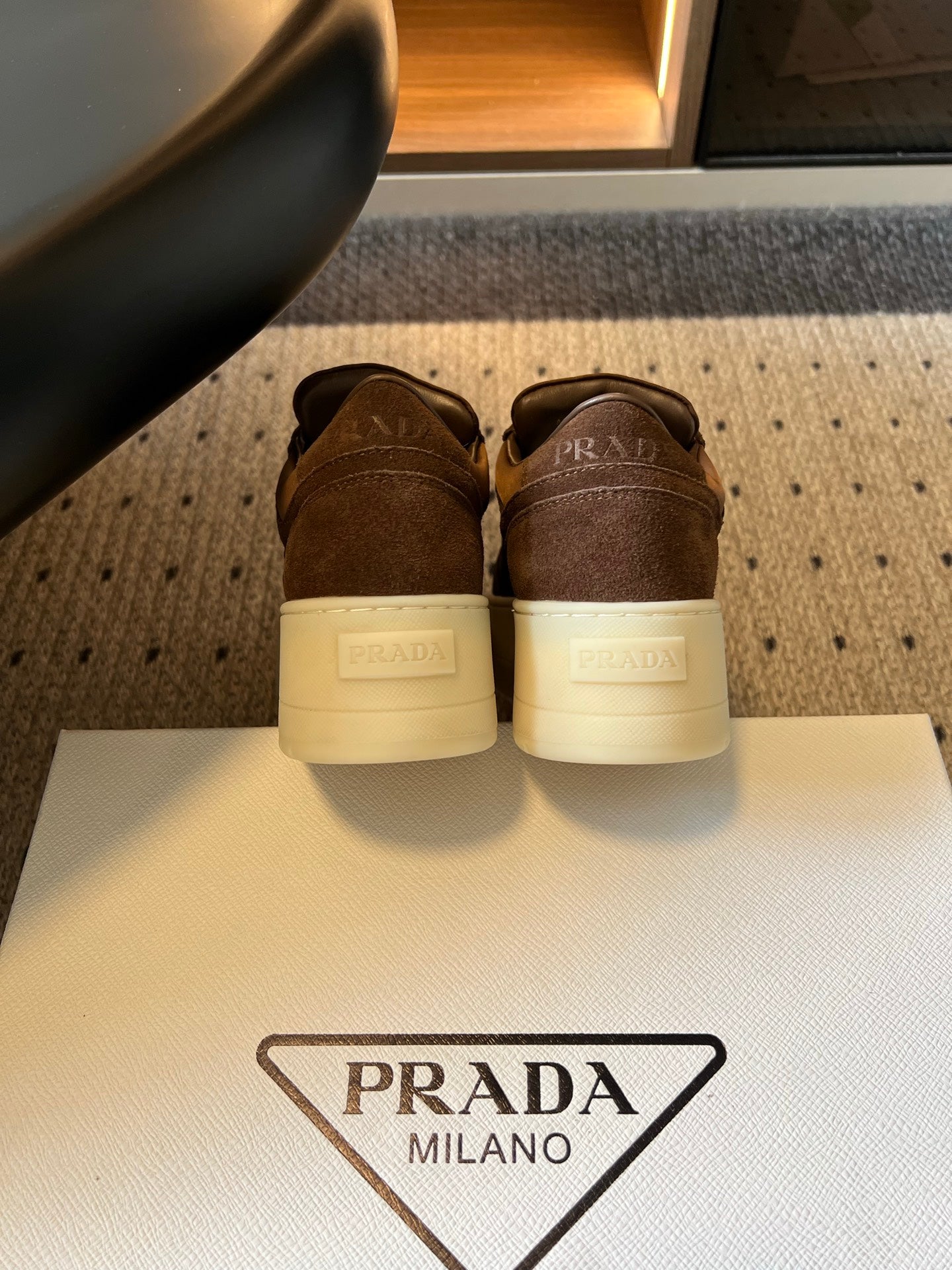PRADA 26S PLATFORM SNEAKERS IN DARK BROWN FABRIC MIX SUEDE