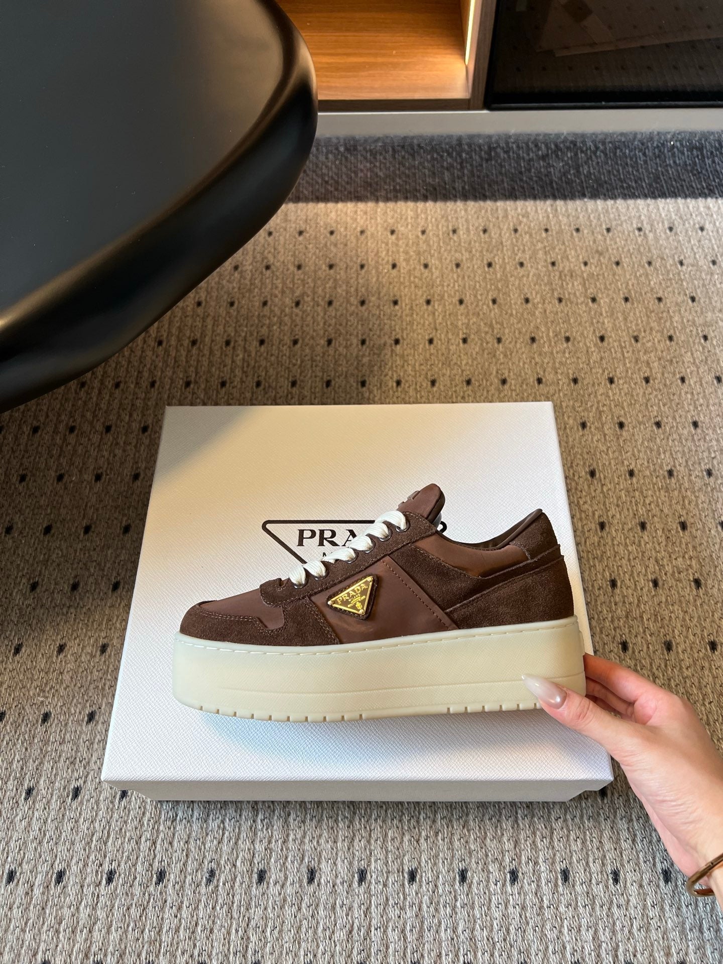 PRADA 26S PLATFORM SNEAKERS IN DARK BROWN FABRIC MIX SUEDE
