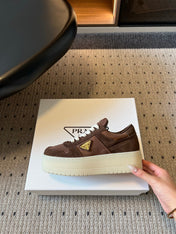 PRADA 26S PLATFORM SNEAKERS IN DARK BROWN FABRIC MIX SUEDE