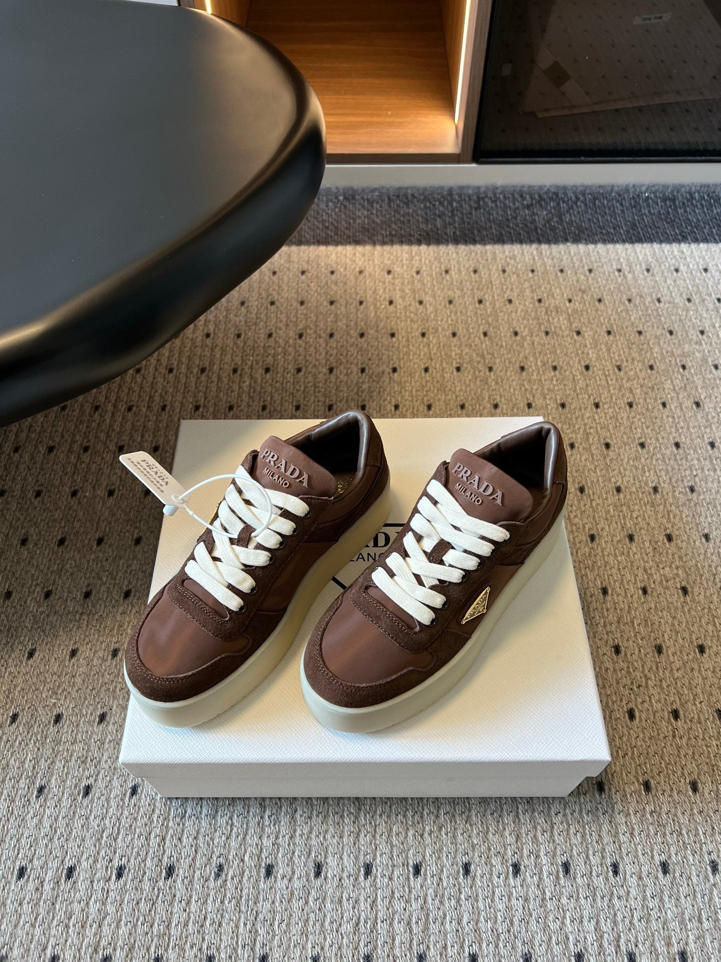 PRADA 26S PLATFORM SNEAKERS IN DARK BROWN FABRIC MIX SUEDE