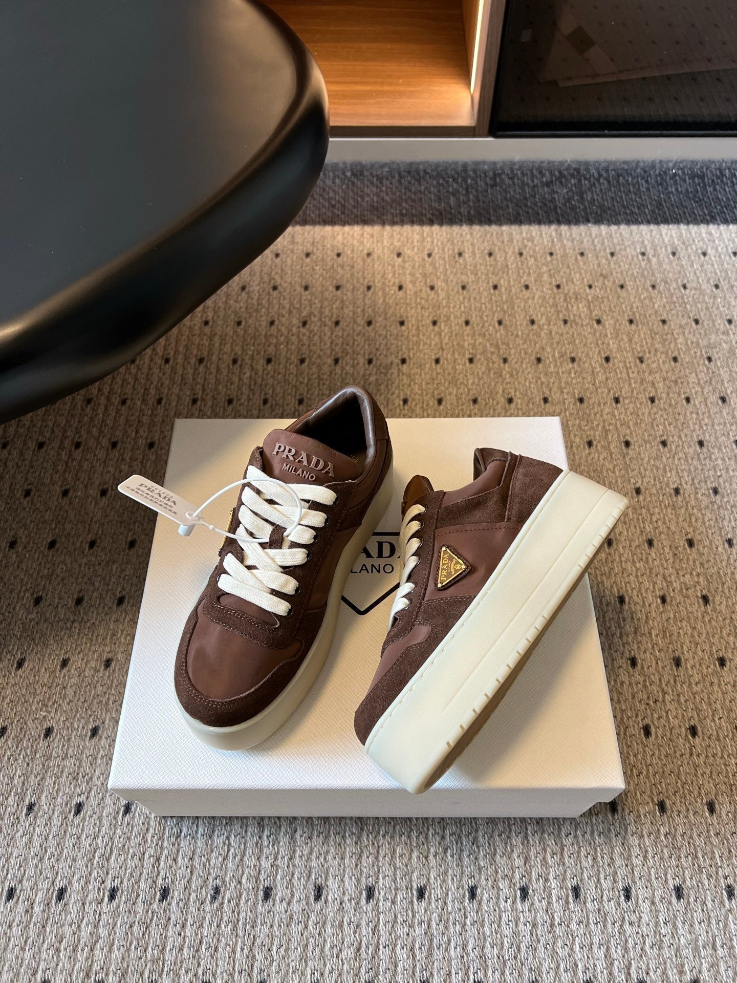 PRADA 26S PLATFORM SNEAKERS IN DARK BROWN FABRIC MIX SUEDE