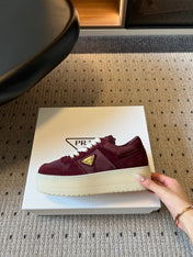 PRADA 26S PLATFORM SNEAKERS IN DARK RED FABRIC MIX SUEDE
