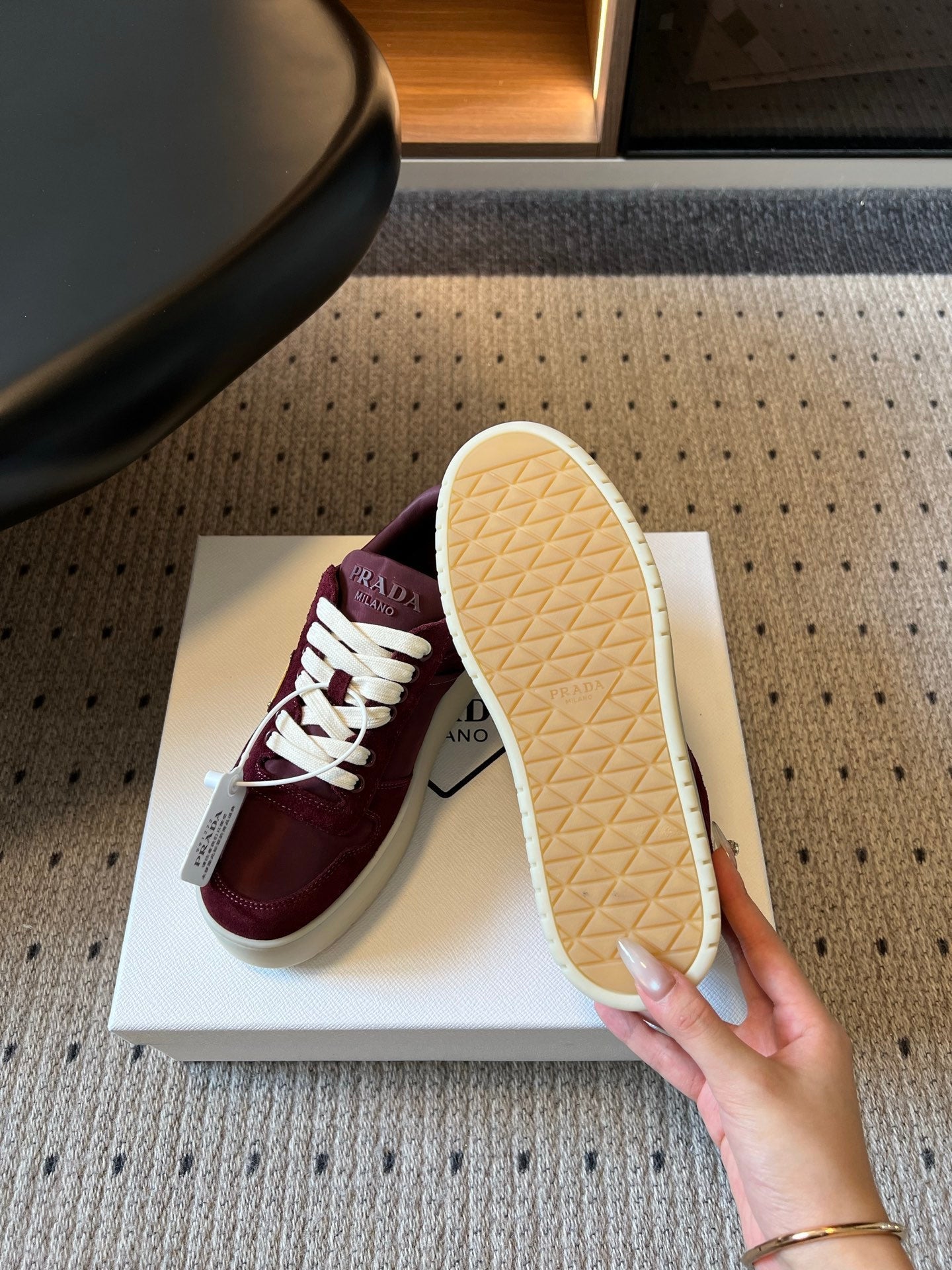 PRADA 26S PLATFORM SNEAKERS IN DARK RED FABRIC MIX SUEDE