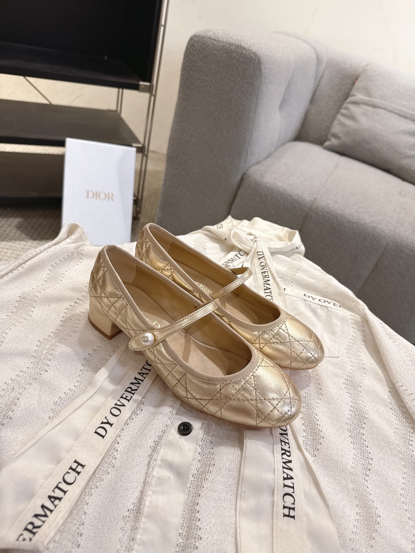 DIOR 26S MARY JANE PUMPS IN GOLD LAMBSKIN PEARL-ADORNED STRAP