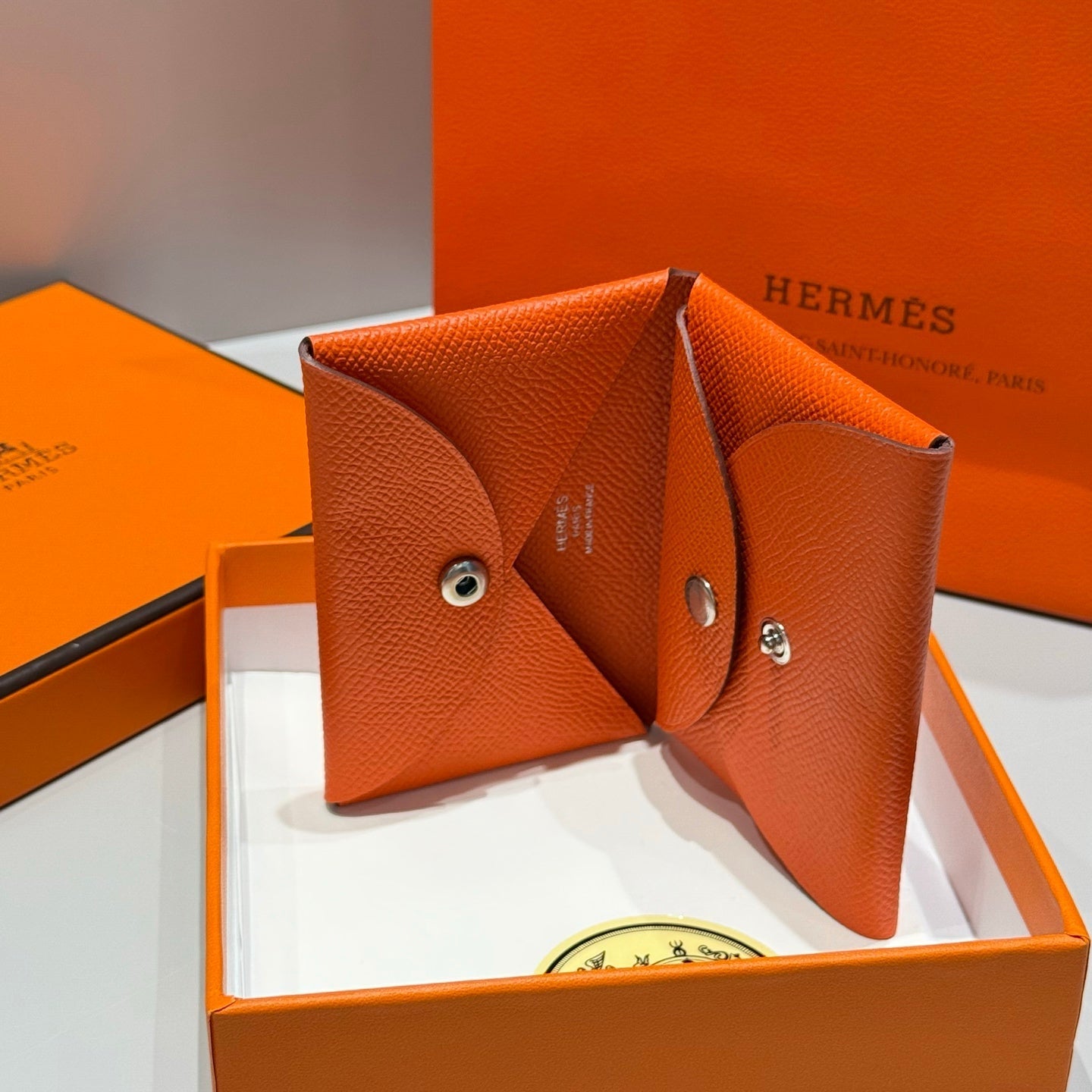 CALVI DUO COMPACT CARD HOLDER IN CLASSIC ORANGE EPSOM CALFSKIN