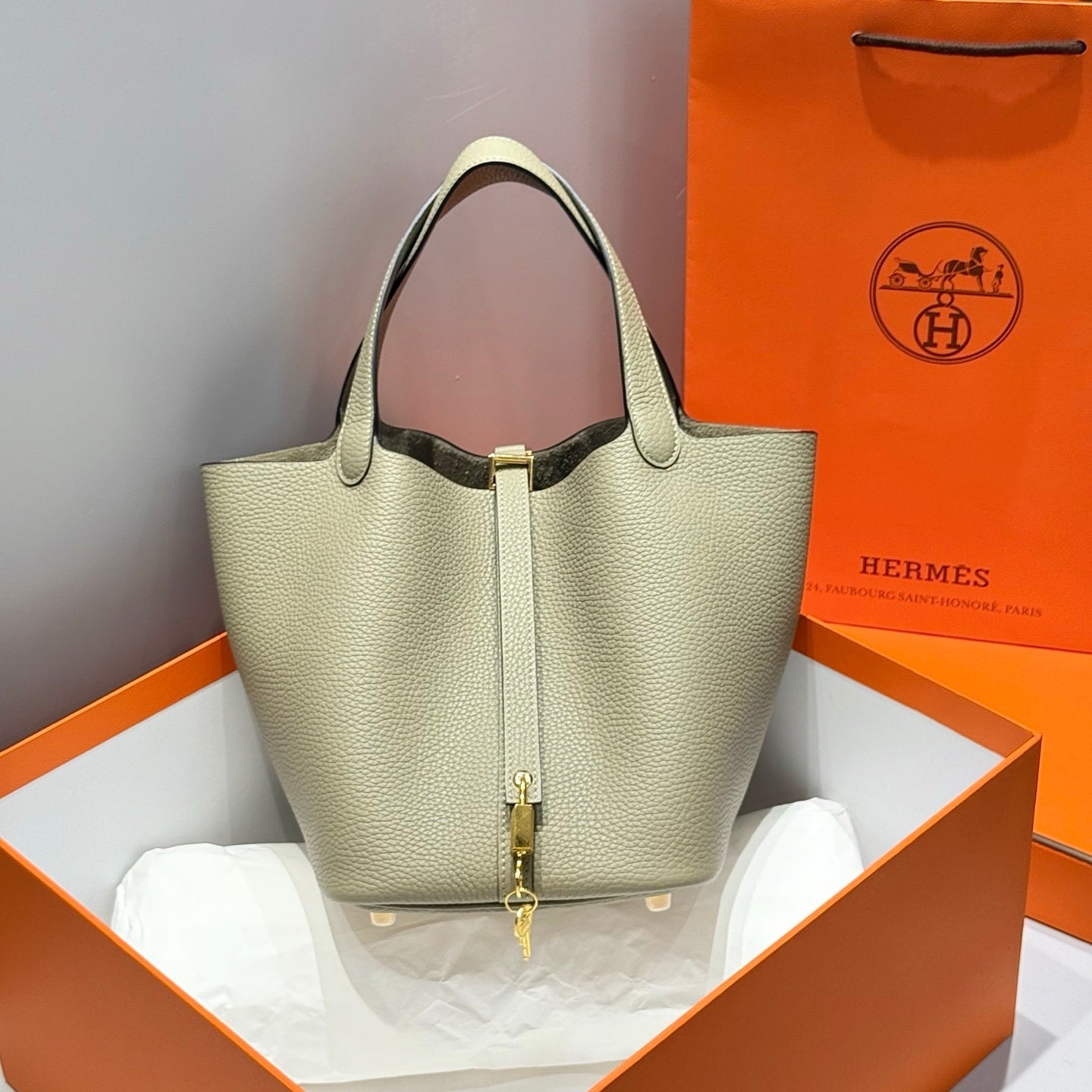 HERMES 25S PICOTIN LOCK 22 IN CROMWELL GRAY CALFSKIN GOLD HARDWARE