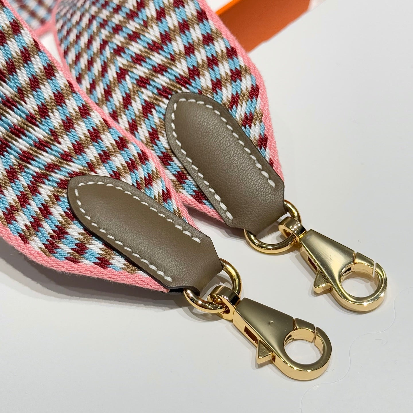 25S HERMES BAG STRAP GREEN AND PINK PATTERN 85 IN CANVAS GOLD HARDWARE
