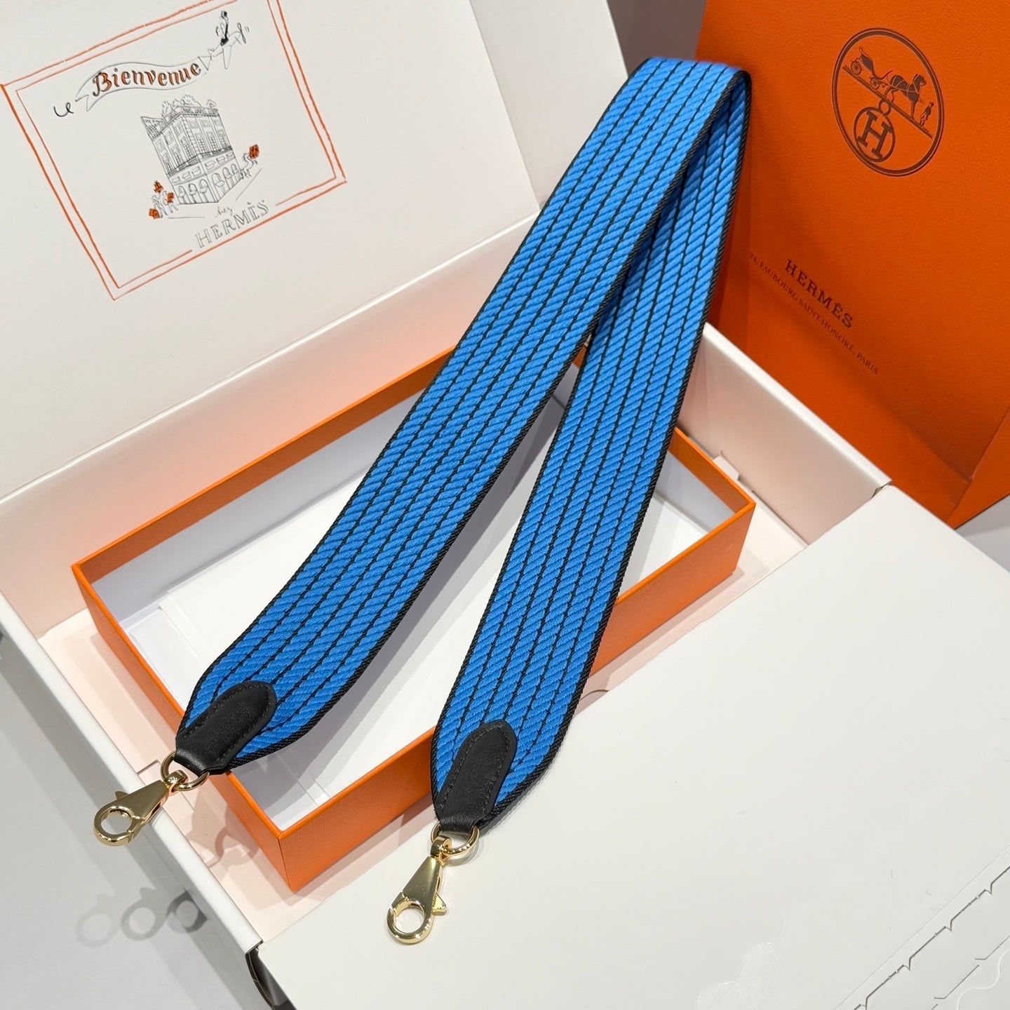 25S HERMES BAG STRAP BLUE 85 IN CANVAS GOLD HARDWARE