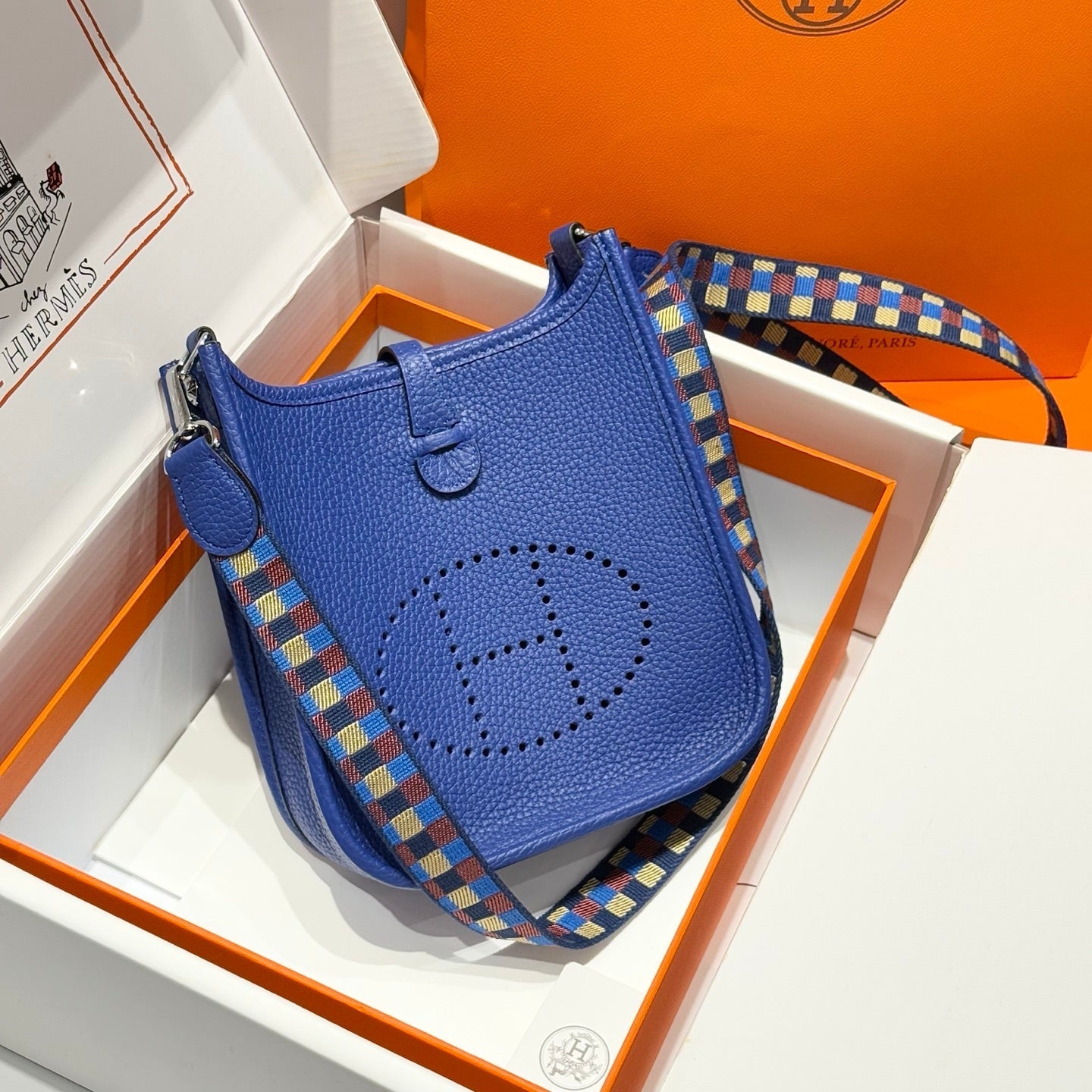 HERMES 25S MINI EVELYNE 18 IN BLUE PATTERNED STRAP CALFSKIN SILVER HARDWARE