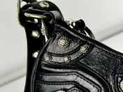 LE CAGOLE SMALL SHOULDER BAG 26 WITH RHINESTONES IN BLACK ARENA LAMBSKIN SILVER HARDWARE