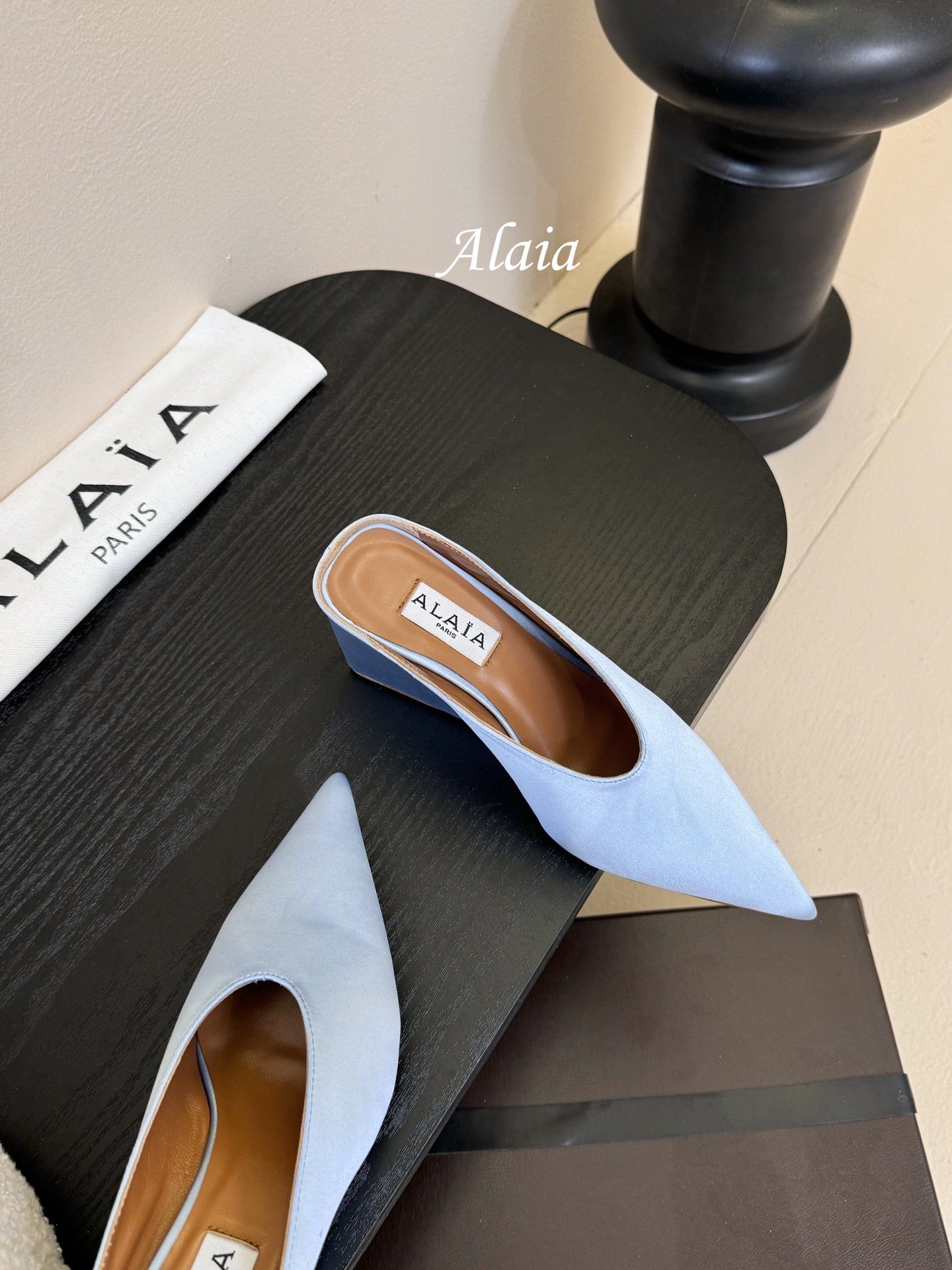 ALAIA HIGH MULES 25S IN LIGHT BLUE SATIN