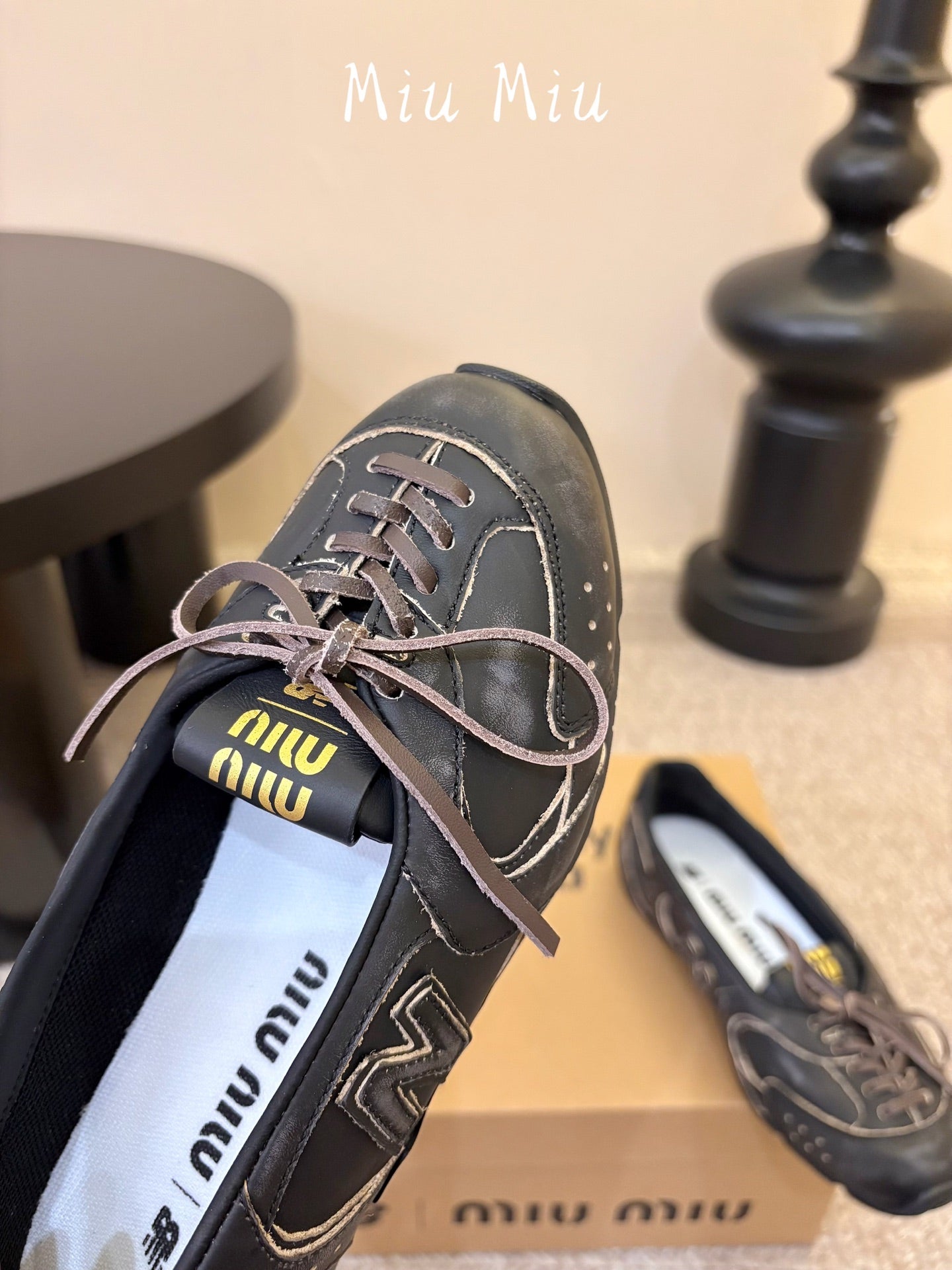 MIUMIU 26S LACE-UP BALLET IN BLACK CALFSKIN