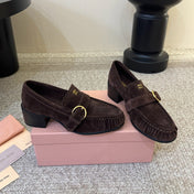 MIUMIU 26S HEEL LOAFERS 50 MM IN DARK BROWN SUEDE