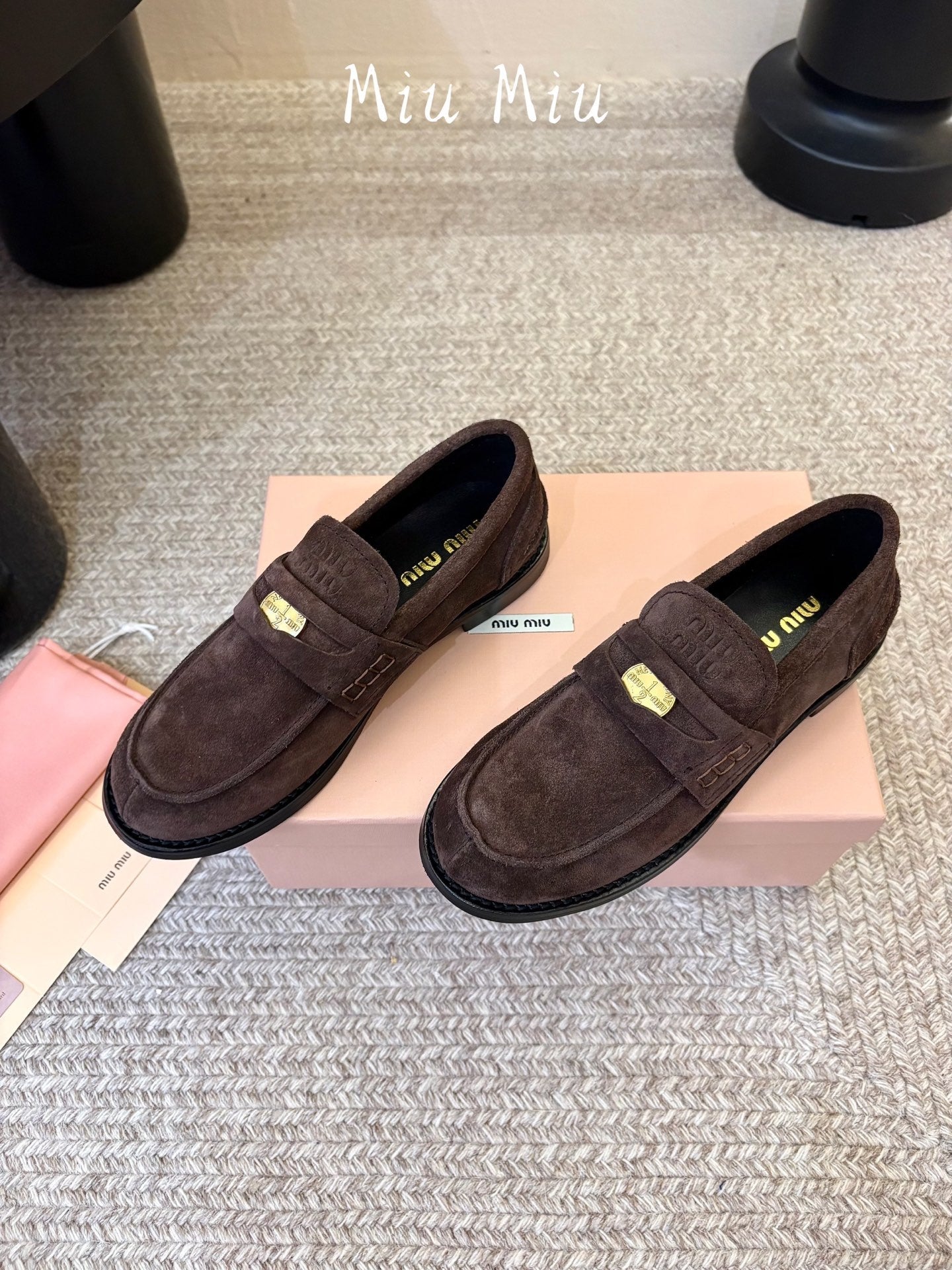 MIUMIU 26S COIN PENNY LOAFERS IN DARK BROWN SUEDE