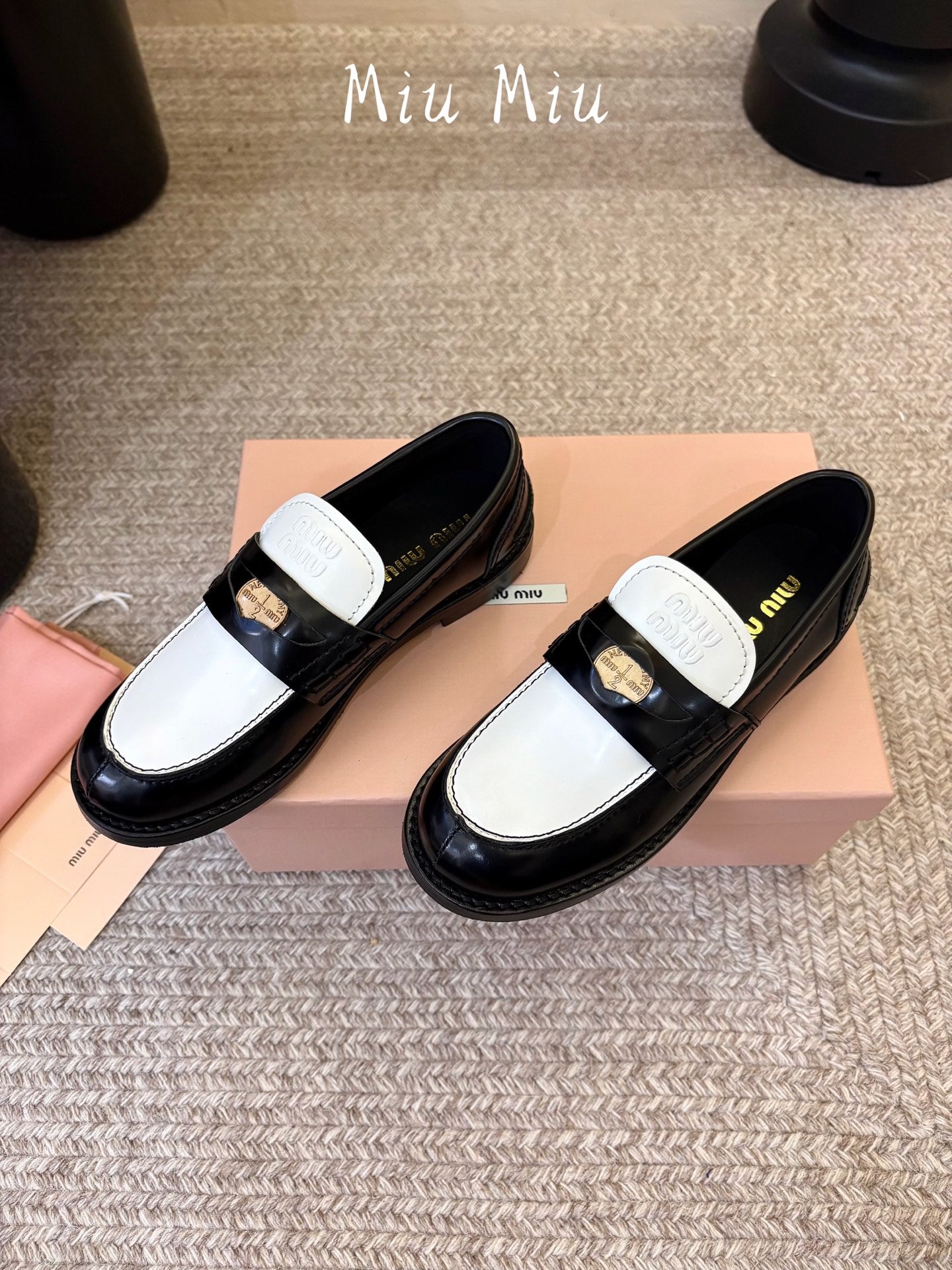 MIUMIU 26S COIN PENNY LOAFERS IN BLACK MIX WHITE CALFSKIN