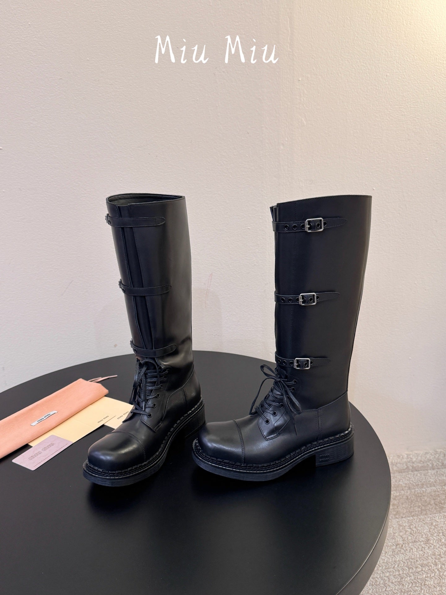 MIUMIU 26S LACE-UP KNEE-HIGH BOOTS IN BLACK CALFSKIN