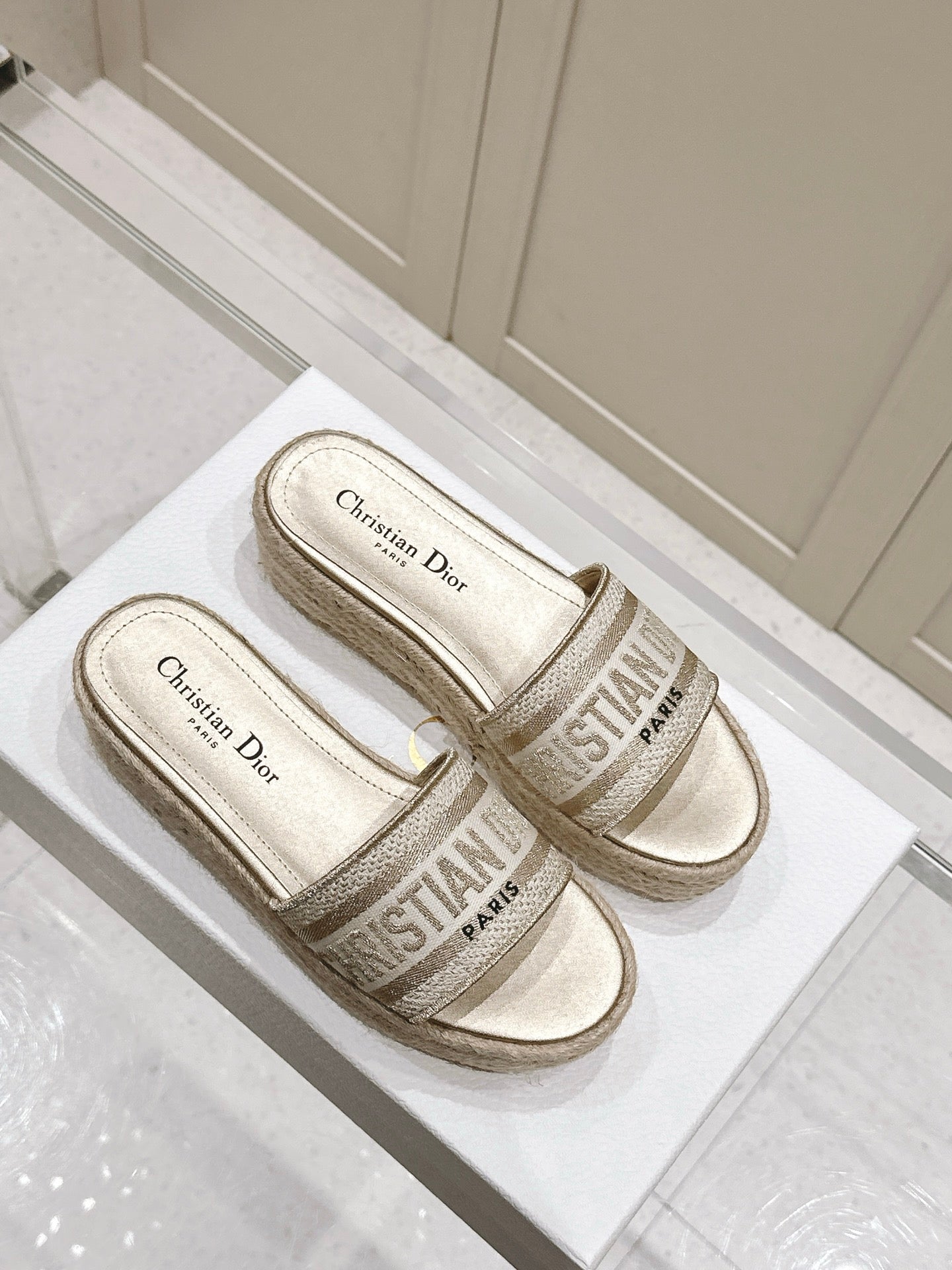 DWAY WEDGE SLIDES 45MM IN WARM GREIGE FABRIC RAFFIA SOLE