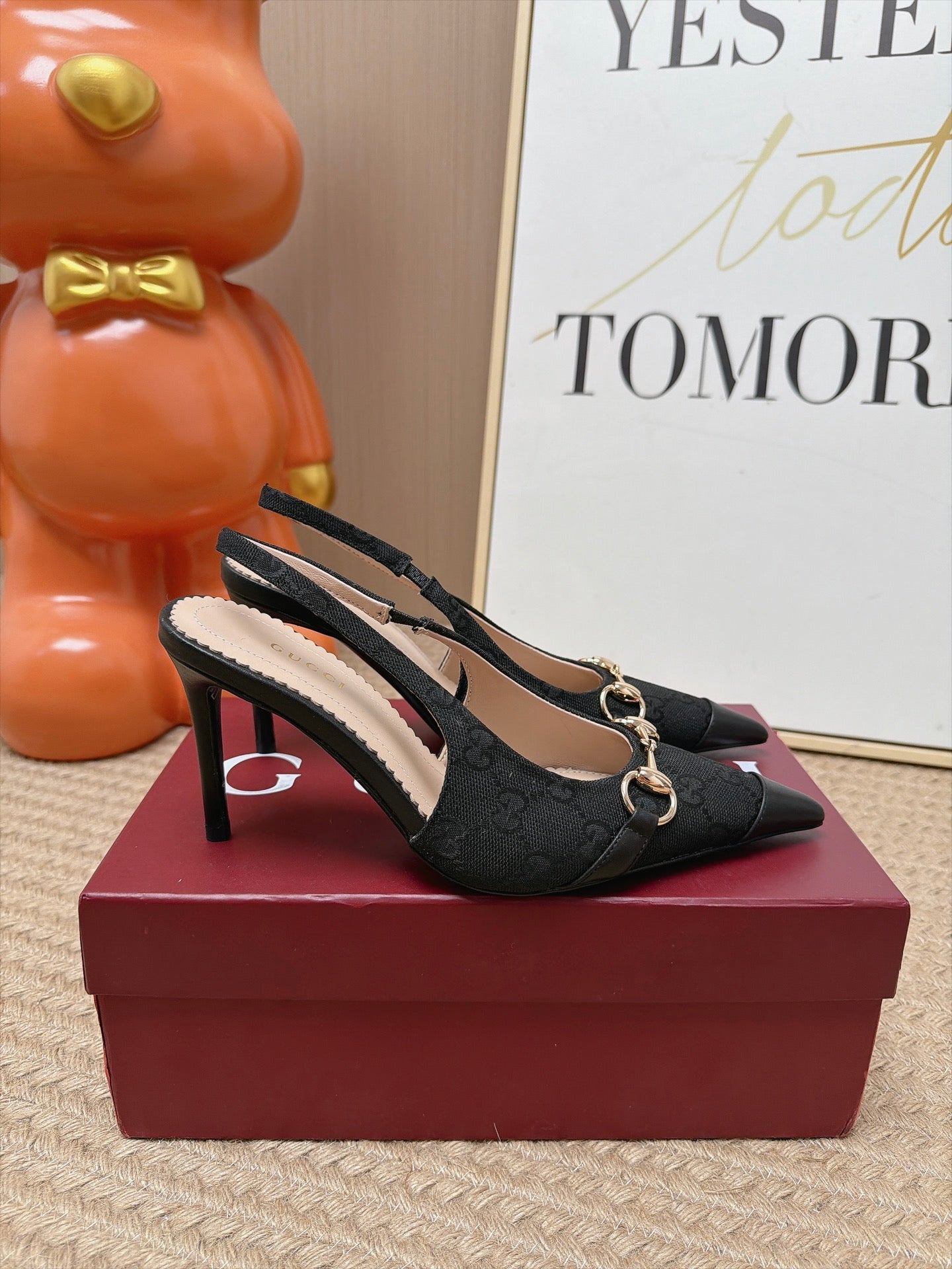 GUCCI 26S SLINGBACK HEELS 105 MM IN BLACK CANVAS MIX LAMBSKIN