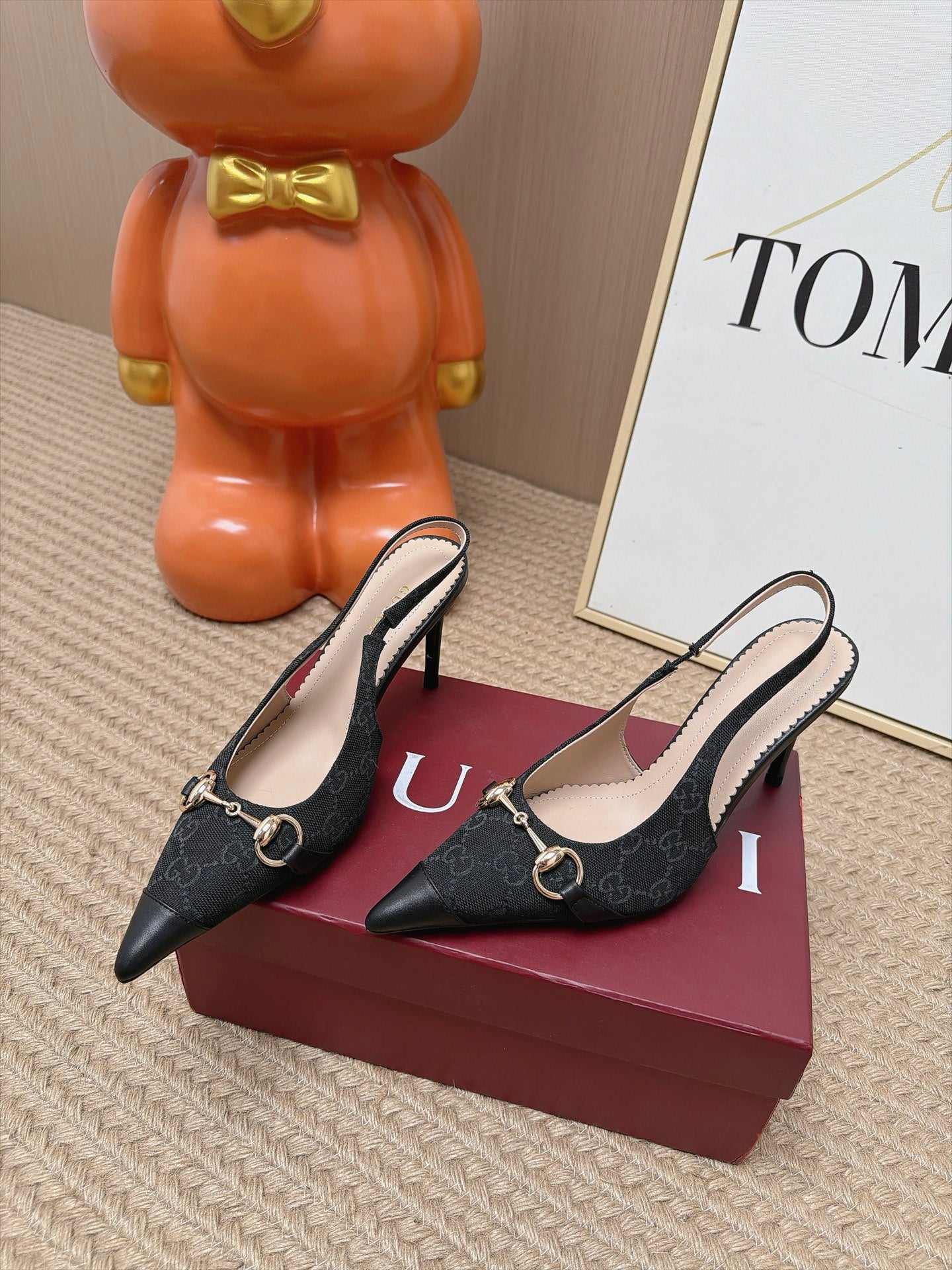 GUCCI 26S SLINGBACK HEELS 105 MM IN BLACK CANVAS MIX LAMBSKIN
